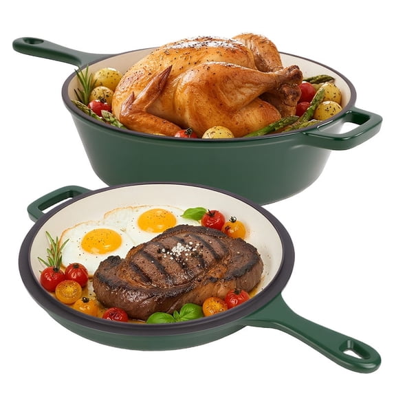 Daluvenix 2 in 1 Cast Iron Dutch Oven Pot with Skillet Lid, 3 qt and 1.5 qt, Green Enamel Cookware
