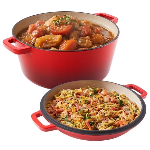 Daluvenix 2 in 1 Cast Iron Dutch Oven Pot with Skillet Lid, 6+2qt Pre-Seasoned Multipurpose Cookware for baking, braising, and stewing, Red