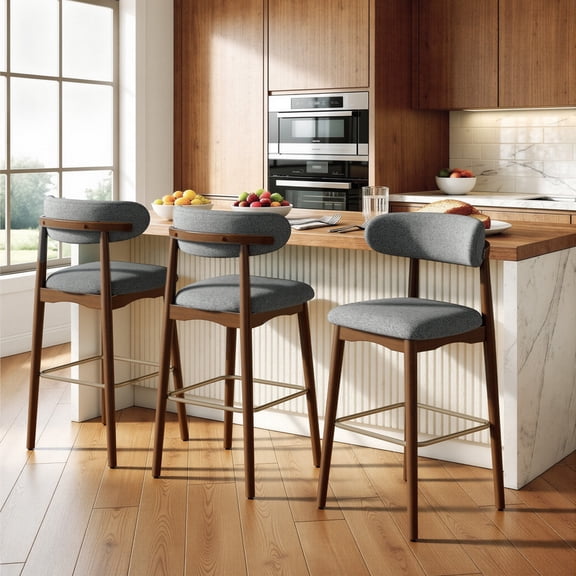 Daluvenix 29″ Counter Height Bar Stools Set of 3, Modern Linen Upholstered Bar Stools, Solid Wood Legs, Curved Back Upholstered Bar‑Chairs for Kitchen Island Dining Room Bar, Gray