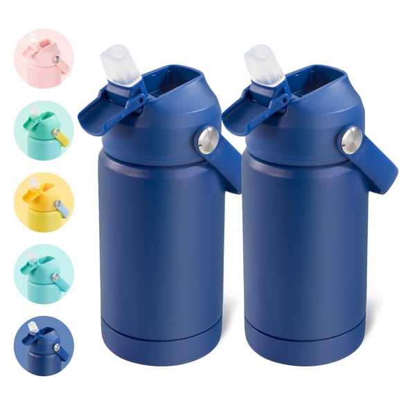 Daluvenix Kids Water Bottle with Straw Lid 12oz,Leakproof toddler Water Bottle for School, Insulated Stainless Steel Water Bottles for Kids BPA Free, Blue(2 pack)