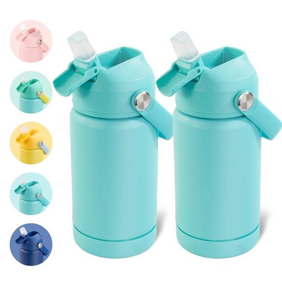 Daluvenix Kids Water Bottle with Straw Lid 12oz，Leakproof toddler Water Bottle for School, Insulated Stainless Steel Water Bottles for Kids BPA Free, Green(2 pack)