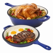 Daluvenix 2 in 1 Cast Iron Dutch Oven Pot with Skillet Lid, 3+1.5qt Enamel Dutch Oven Dual Handle, All-in-One Cookware, Blue