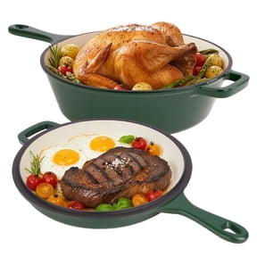 Daluvenix 2 in 1 Cast Iron Dutch Oven Pot with Skillet Lid, 3+1.5qt Enamel Dutch Oven Dual Handle, All-in-One Cookware, Green
