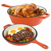 Daluvenix 2 in 1 Cast Iron Dutch Oven Pot with Skillet Lid, 3+1.5qt Enamel Dutch Oven Dual Handle, All-in-One Cookware, Orange