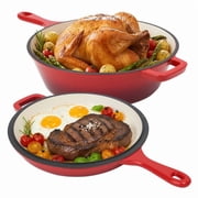 Daluvenix 2 in 1 Cast Iron Dutch Oven Pot with Skillet Lid, 3+1.5qt Enamel Dutch Oven Dual Handle, All-in-One Cookware, Red