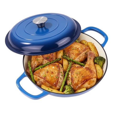 Daluvenix 3qt Enameled Cast Iron Braiser, Non Stick Enameled Cast Iron Skillet with Lid, Dutch Oven Skillet with lid for Cooking & Stewing (Blue)