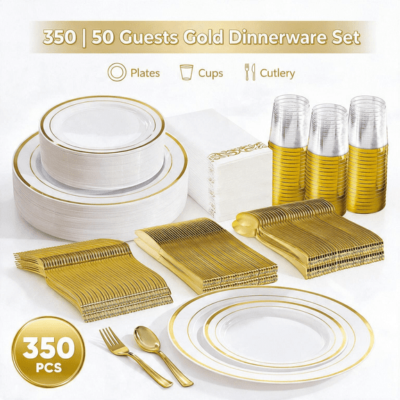 Daluvenix 350 Gold Plastic Dinnerware Set for 50 Guests, Gold Plastic Plates for Party, 50 Disposable Plates, 50 Dessert Plates, 50 Napkins with Silverware, 50 Cups