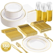Daluvenix 350 Gold Plastic Dinnerware Set for 50 Guests, Gold Plastic Plates for Party, 50 Disposable Plates, 50 Dessert Plates, 50 Napkins with Silverware, 50 Cups