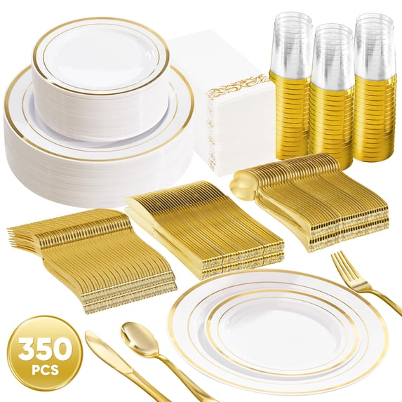 Daluvenix 350 Gold Plastic Dinnerware Set for 50 Guests, Gold Plastic Plates for Party, 50 Disposable Plates, 50 Dessert Plates, 50 Napkins with Silverware, 50 Cups