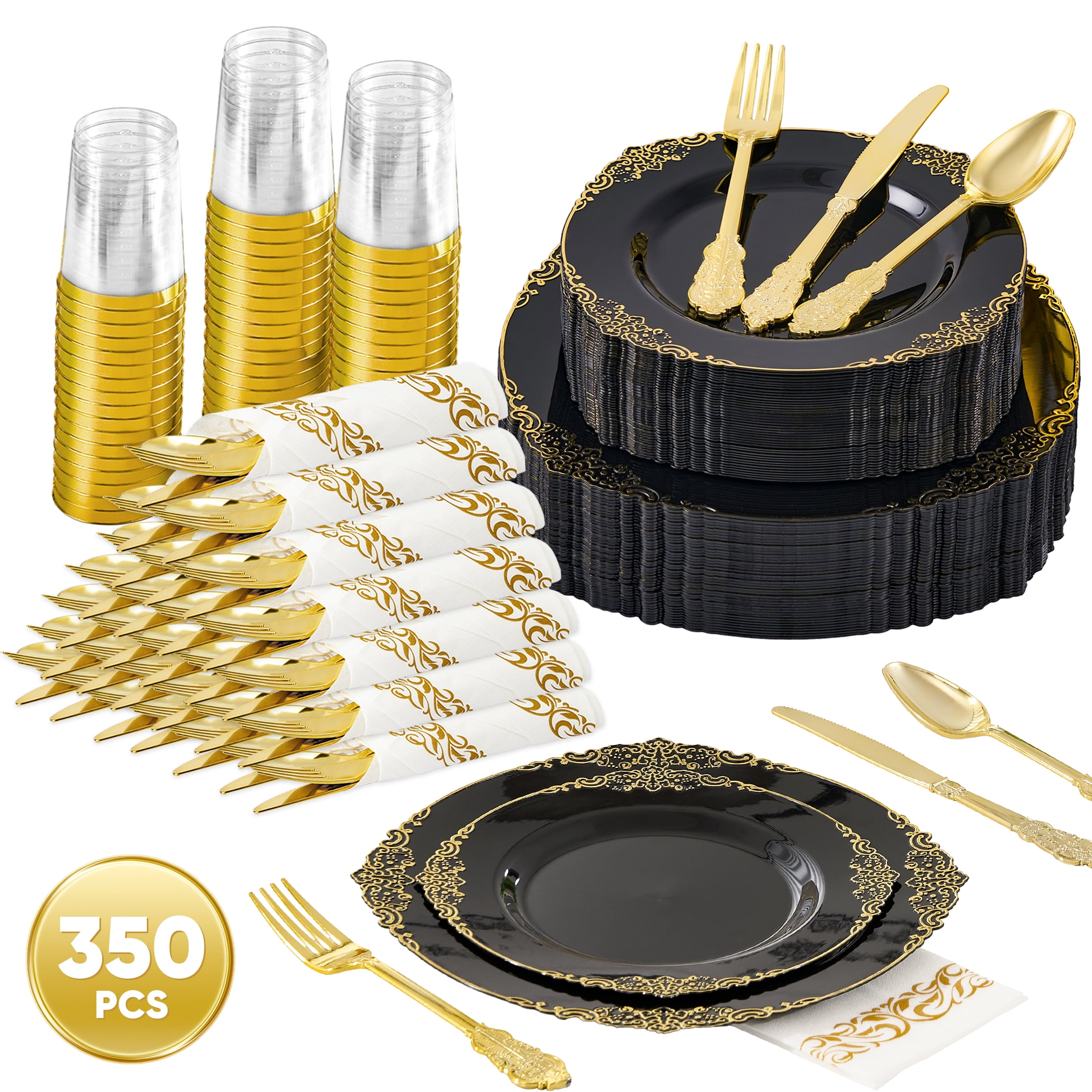 Daluvenix 350 Pcs Black Plastic Dinnerware Set for 50 Guests Daluvenix 350 Pcs Black Plastic Dinnerware Set for 50 Guests