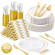 Daluvenix 350 Pcs Gold Plastic Dinnerware Set for 50 Guests, Disposable Dinnerware Sets Include 100 Gold Rim Plastic Plates, 50 Silverwares, 50 Cups, and 50 Napkins for Party, Wedding, Holidays
