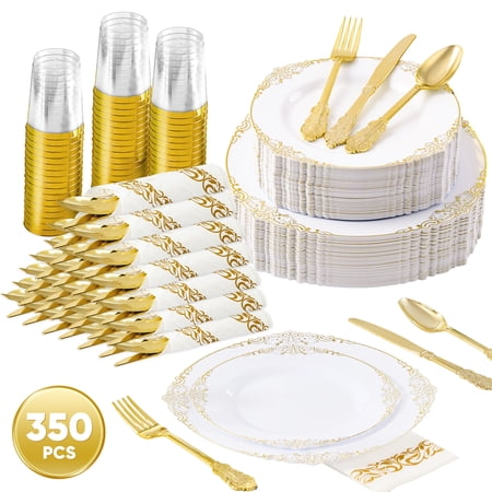 DALUVENIX 350 PCS GOLD PLASTIC DINNERWARE SET FOR...