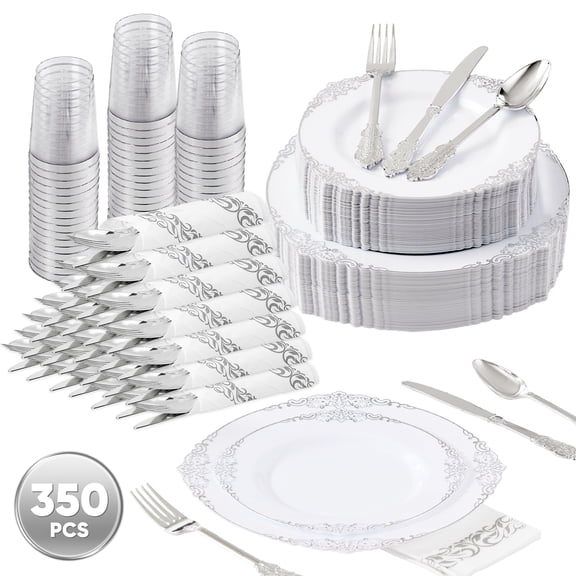Daluvenix 350 Pcs Sliver Plastic Dinnerware Set for 50 Guests,  Disposable Dinnerware Sets Include 100 Sliver Rim Plastic Plates, 50 Silverwares, 50 Cups, and 50 Napkins for Party, Wedding, Holidays