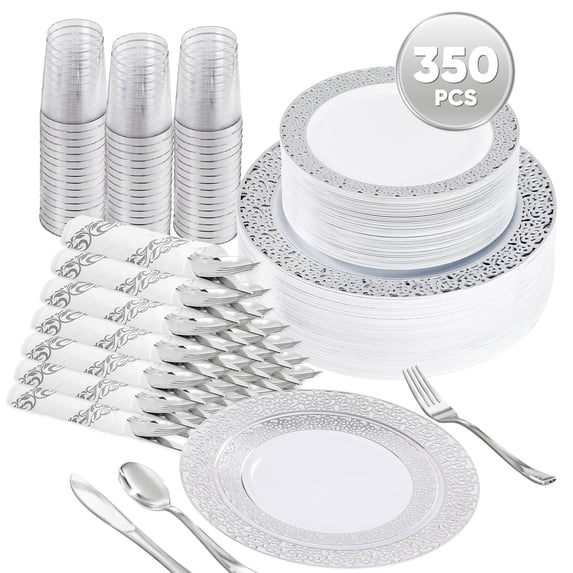 Daluvenix 350 Pcs Sliver Dinnerware Set, Sliver Plastic Plates with Sliver Lace Rim Design, Sliver Disposable Dinnerware Set for Wedding, Party and Graduation