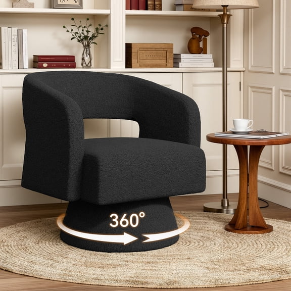 Daluvenix 360° Swivel Accent Chair Modern Luxury Barrel Chairs Oversized Upholstered Round Arm Chair for Living Room Teddy Fabric Black 1PC