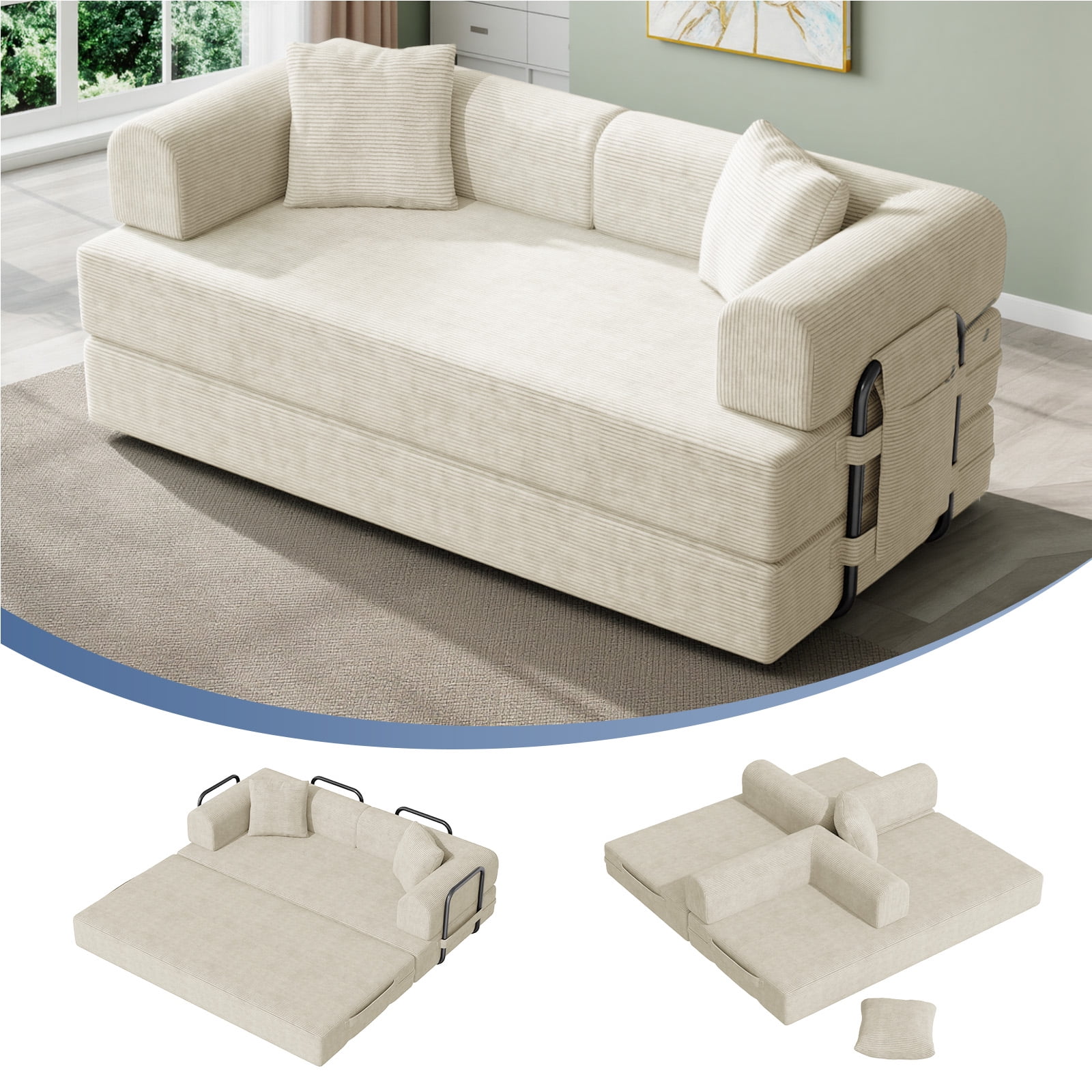 Daluvenix 4-in-1 Folding Convertible Sofa Bed 81 Inch Oversized Corduroy Upholstered Boneless Couch Loveseat Sleeper with Pull Out Bed Beige