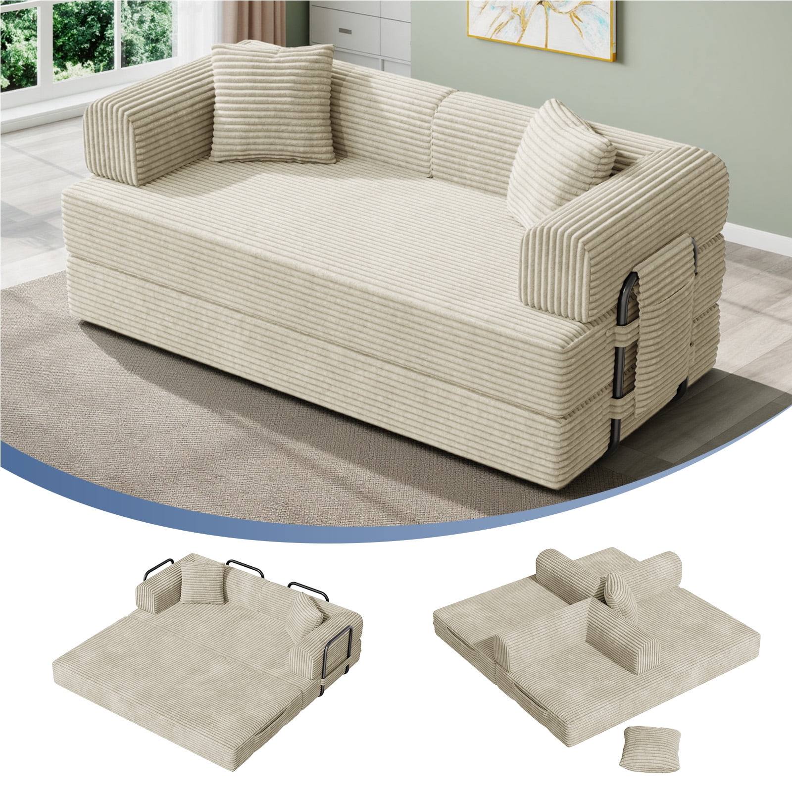 Daluvenix 4-in-1 Folding Convertible Sofa Bed 81 Inch Oversized Corduroy Upholstered Boneless Couch Loveseat Sleeper with Pull Out Bed Beige