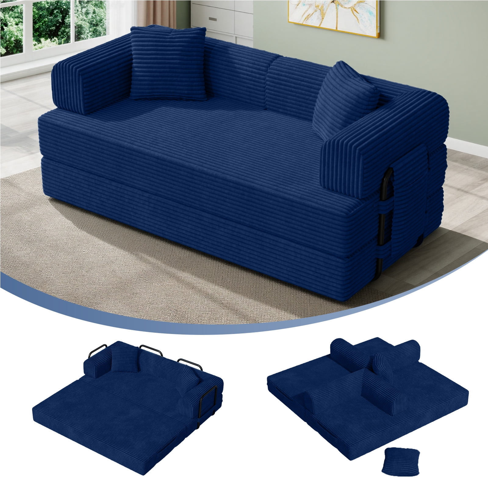 Daluvenix 4-in-1 Folding Convertible Sofa Bed 81 Inch Oversized Corduroy Upholstered Boneless Couch Loveseat Sleeper with Pull Out Bed Blue