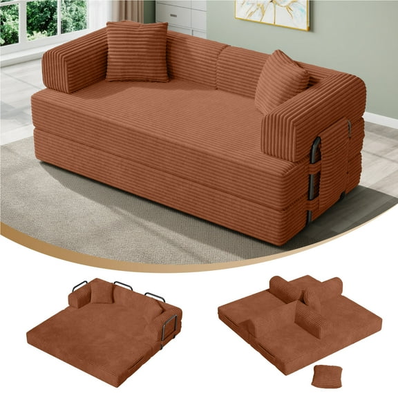 Daluvenix 4-in-1 Folding Convertible Sofa Bed 81 Inch Oversized Corduroy Upholstered Boneless Couch Loveseat Sleeper with Pull Out Bed Brown