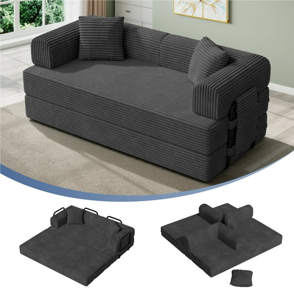 Daluvenix 4-in-1 Folding Convertible Sofa Bed 81 Inch Oversized Corduroy Upholstered Boneless Couch Loveseat Sleeper with Pull Out Bed Dark Gray