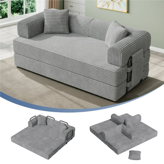 Daluvenix 4-in-1 Folding Convertible Sofa Bed 81 Inch Oversized Corduroy Upholstered Boneless Couch Loveseat Sleeper with Pull Out Bed Gray