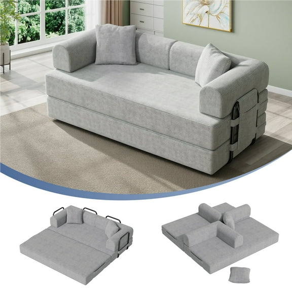Daluvenix 4-in-1 Folding Convertible Sofa Bed 81 Inch Oversized Corduroy Upholstered Boneless Couch Loveseat Sleeper with Pull Out Bed Gray
