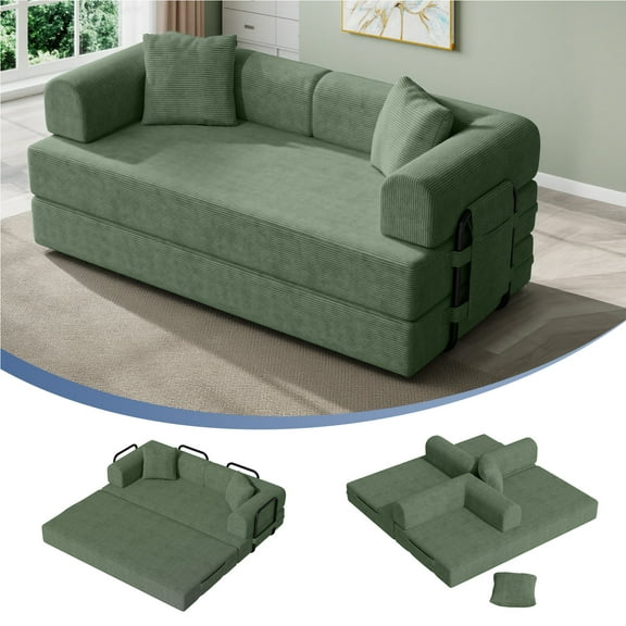 Daluvenix 4-in-1 Folding Convertible Sofa Bed 81 Inch Oversized Corduroy Upholstered Boneless Couch Loveseat Sleeper with Pull Out Bed Green