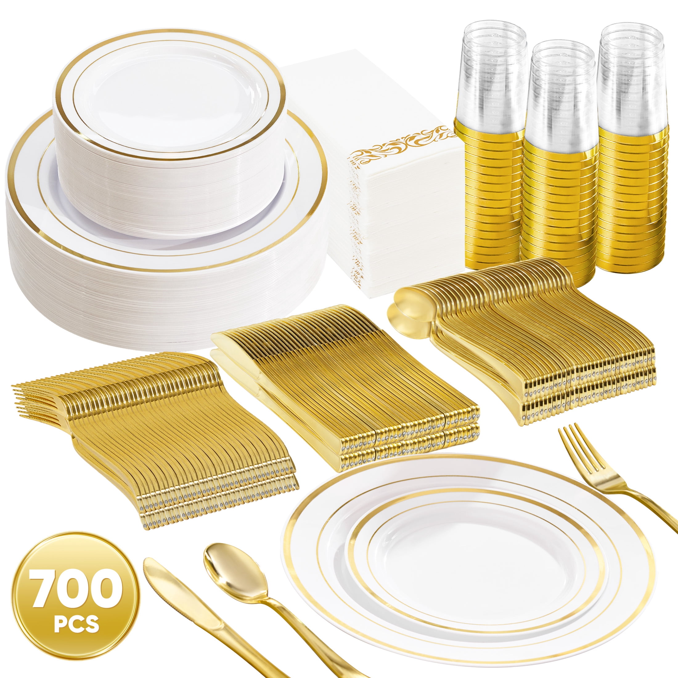 Daluvenix 700 Gold Plastic Dinnerware Set for 100 Guests, Gold Plastic Plates for Party, 100 Disposable Plates, 100 Dessert Plates, 100 Napkins with Silverware, 100 Cups