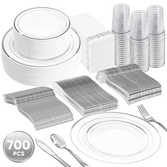 Daluvenix 700 Silver Plastic Dinnerware Set for 100 Guests, Silver Plastic Plates for Party, 100 Disposable Plates, 100 Dessert Plates, 100 Napkins with Silverware, 100 Cups