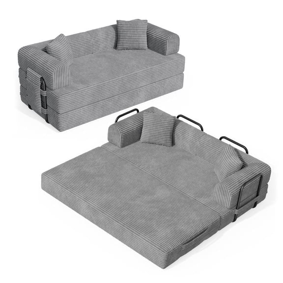 Daluvenix 78" Convertible Corduroy Sleeper Sofa Bed with Cylindrical Pillows, All-Foam Folding Floor Couch with Fixed Frame, No Assembly Required, Gray