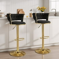 Daluvenix Adjustable Bar Stools Set of 2, Woven Velvet Bar Stools with Gold Metal & Lumbar Support, Upholstered Counter Height Bar Chairs for Kitchen Island, Black