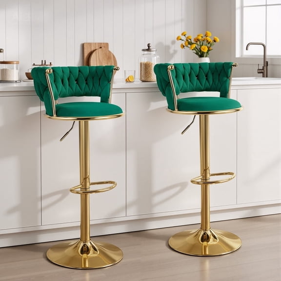 Daluvenix Velvet Bar Stools Set of 2, Counter Height Barstools with Low Back, Gold 360° Swivel Bar Stool ,Counter Height Bar Chairs for Kitchen Island, Pub, Green