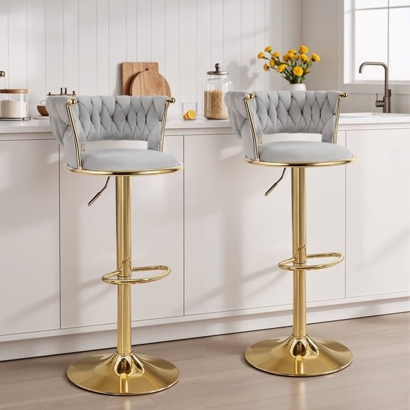 Daluvenix Velvet Bar Stools Set of 2, Counter Height Barstools with Low Back, Gold 360° Swivel Bar Stool ,Counter Height Bar Chairs for Kitchen Island, Pub,Light Grey