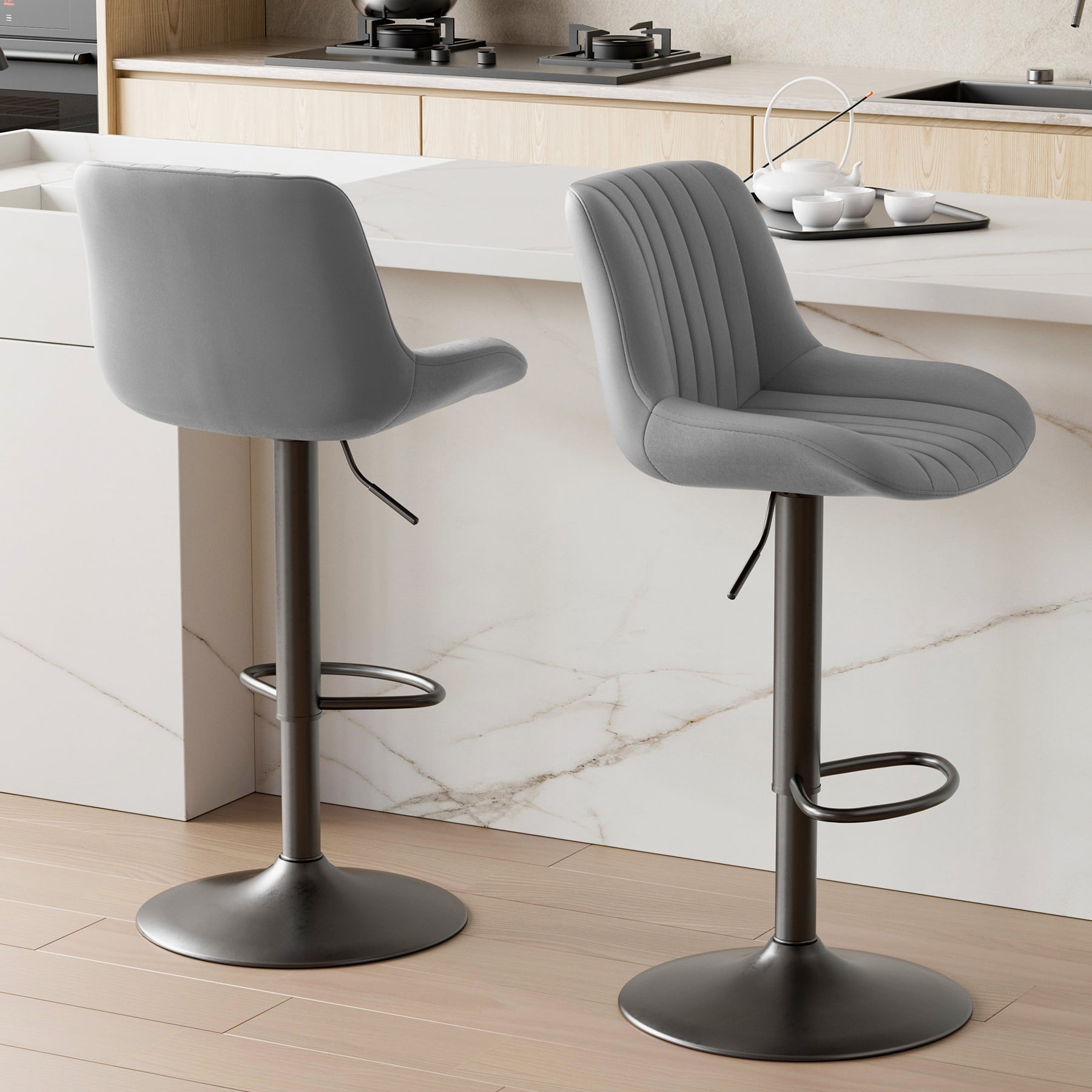 Daluvenix Adjustable Bar Stools Set of 2, Swivel Kitchen Bar Chairs with Back, Modern Tech Fabric Island Chairs for Home Kitchen, Dark Gray