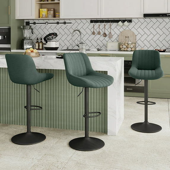 Daluvenix Adjustable Bar Stools Set of 3, Swivel Kitchen Bar Chairs with Back, Modern Tech Fabric Island Chairs for Home Kitchen, Green