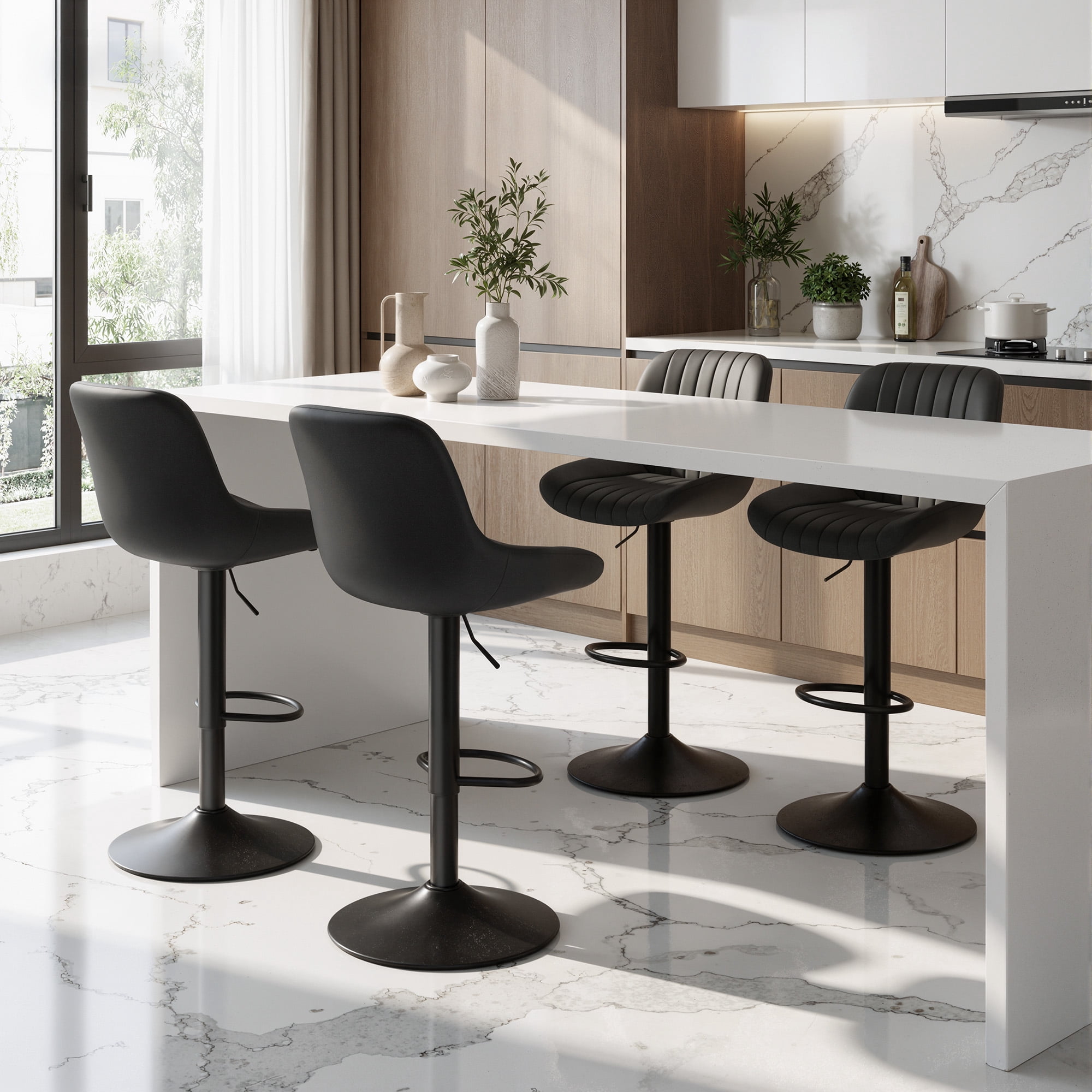 Daluvenix Adjustable Bar Stools Set of 4, Swivel Kitchen Bar Chairs with Back, Modern Tech Fabric Island Chairs for Home Kitchen, Black
