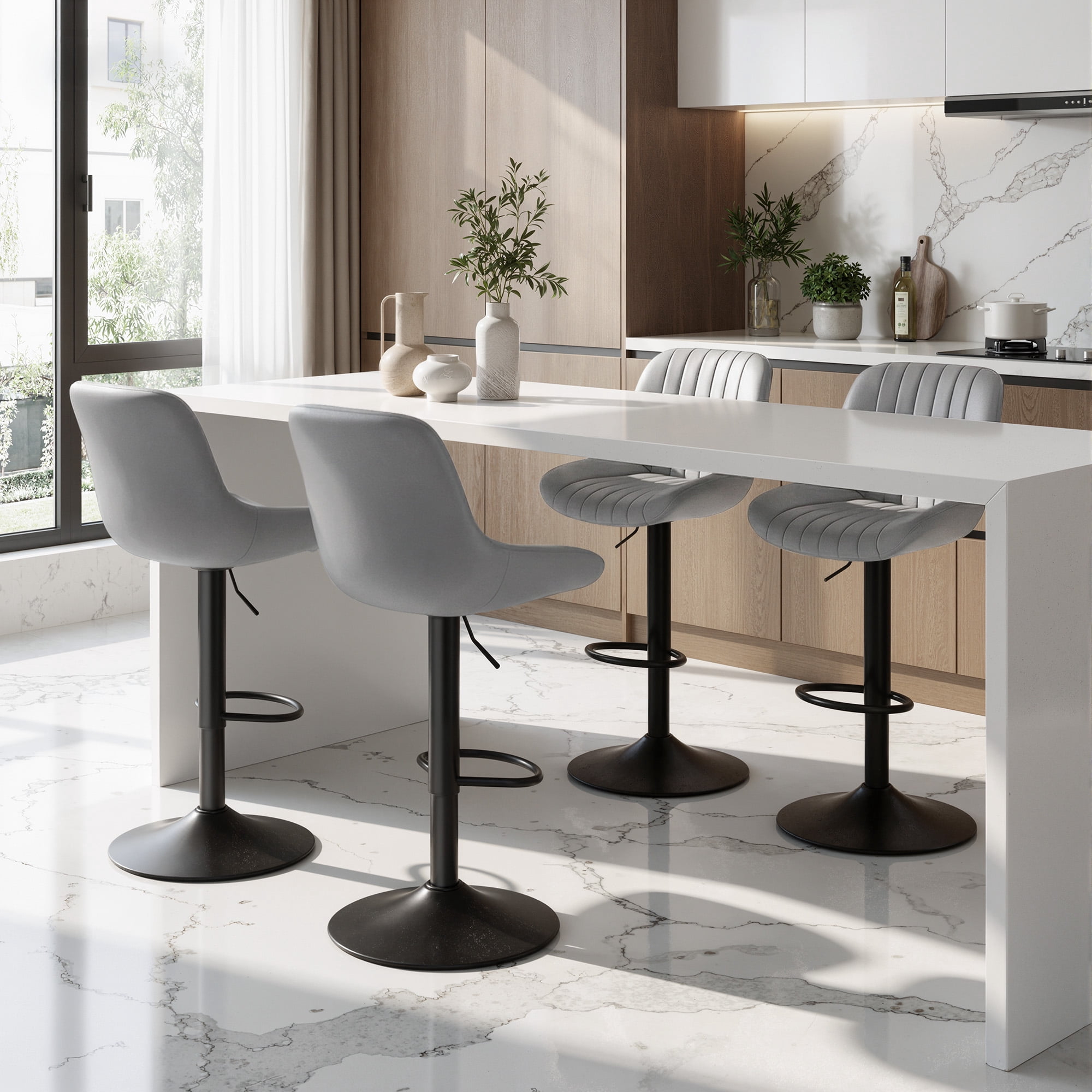 Daluvenix Adjustable Bar Stools Set of 4, Swivel Kitchen Bar Chairs with Back, Modern Tech Fabric Island Chairs for Home Kitchen, Dark Gray