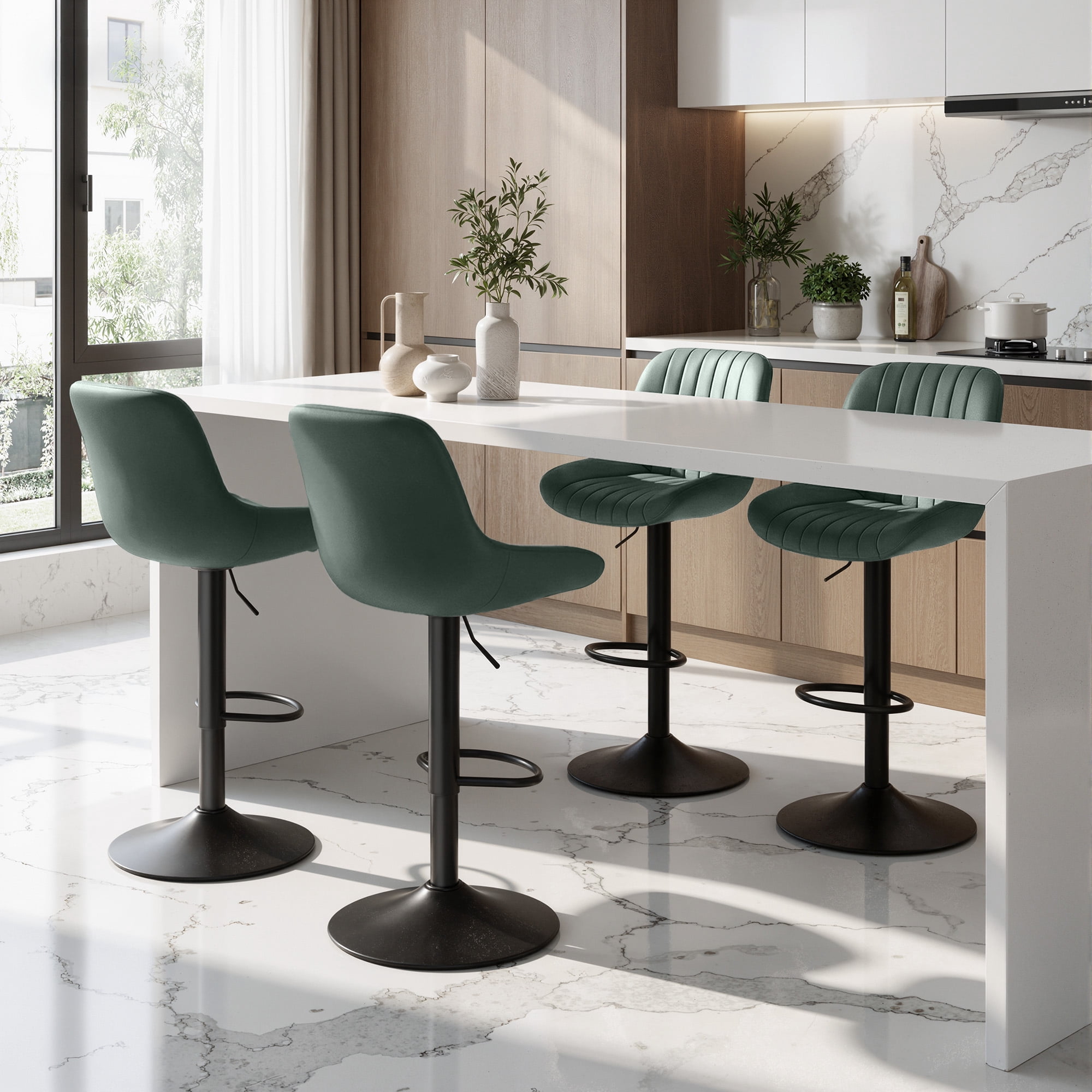 Daluvenix Adjustable Bar Stools Set of 4, Swivel Kitchen Bar Chairs with Back, Modern Tech Fabric Island Chairs for Home Kitchen, Green