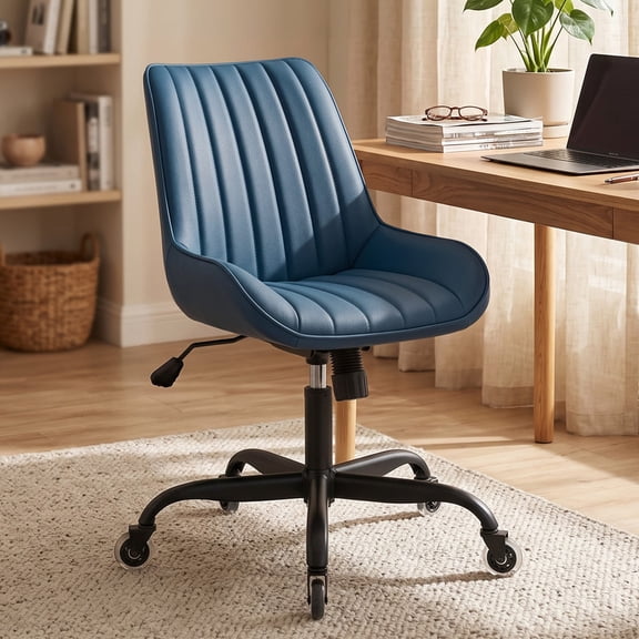 Daluvenix Armless Office Chair, PU Leather Swivel Desk Chair with Wheels, Adjustable Height Computer Task Chair, Blue