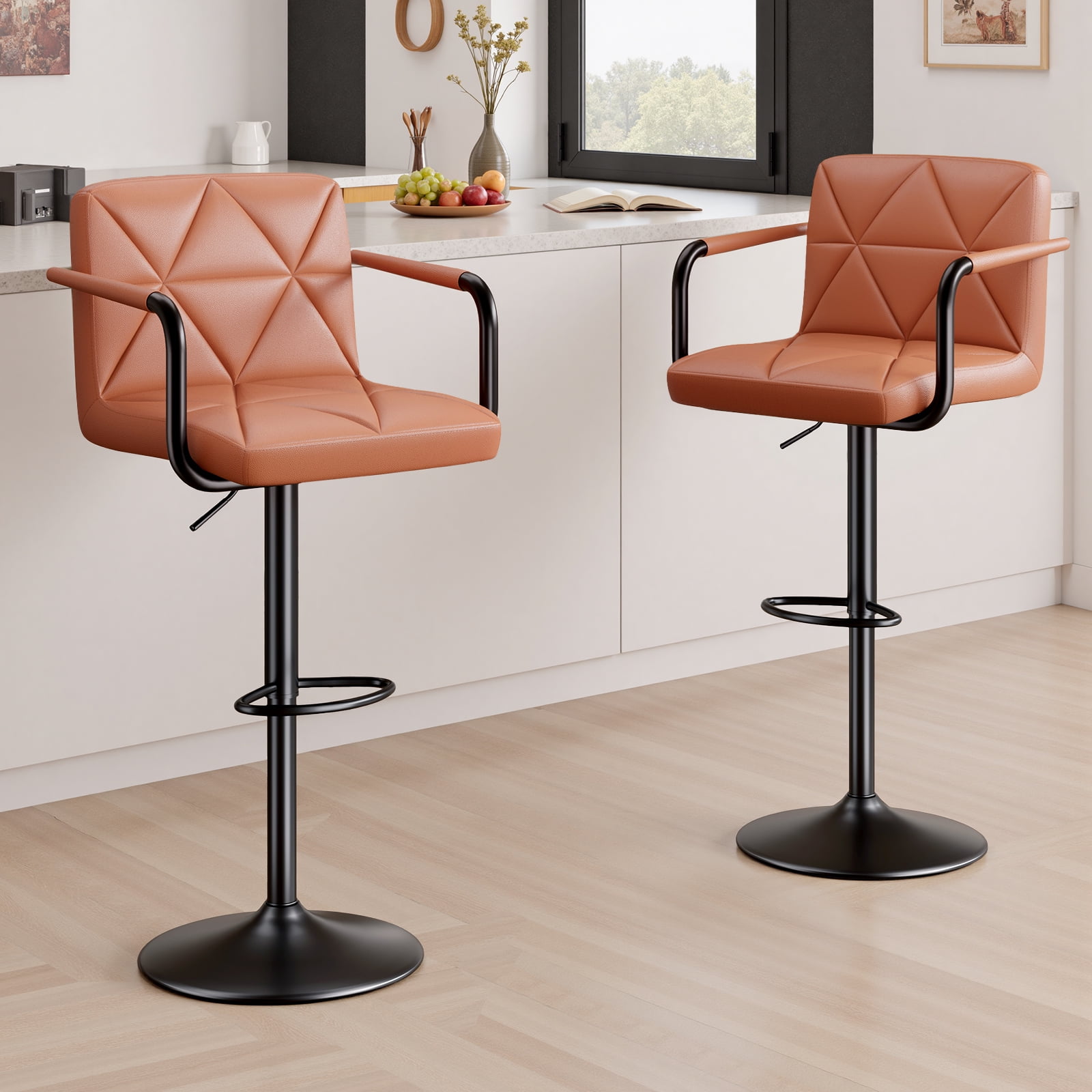 Daluvenix Bar Stools Set of 2， PU Leather Adjustable Swivel Barstools，Hydraulic Counter Height Bar Chairs with Armrest Back for Kitchen Island，Terracotta
