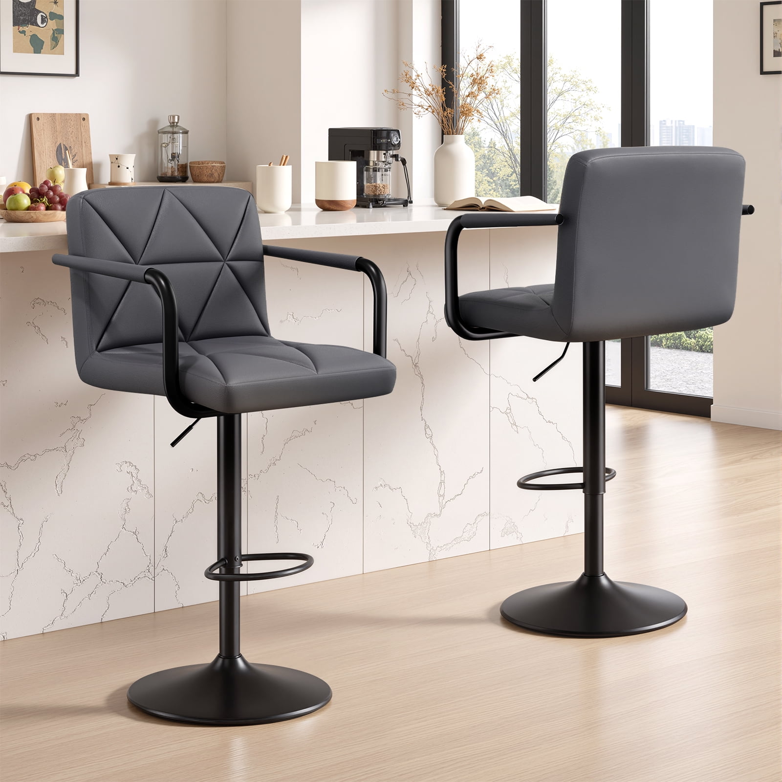 Daluvenix Bar Stools Set of 2， PU Leather Adjustable Swivel Barstools，Hydraulic Counter Height Bar Chairs with Armrest Back for Kitchen Island，Gray