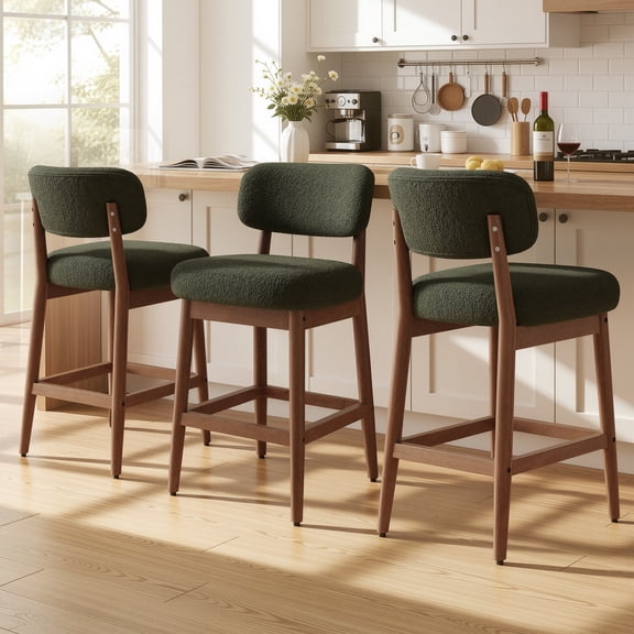 Daluvenix Counter Height Bar Stools Set of 3, Mid-Century Bar Chairs with Solid Wood Frame and Backrest, Modern Boucle Fabric BarStool for Kitchen Island, Wooden Dining Room Chair