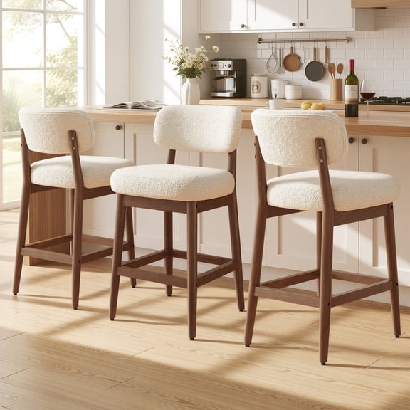 Daluvenix Counter Height Bar Stools Set of 3, Mid-Century Bar Chairs with Solid Wood Frame and Backrest, Modern Boucle Fabric BarStool for Kitchen Island, Wooden Dining Room Chair