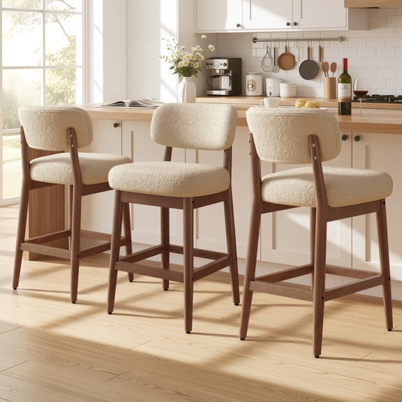 Daluvenix Counter Height Bar Stools Set of 3, Mid-Century Bar Chairs with Solid Wood Frame and Backrest, Modern Boucle Fabric BarStool for Kitchen Island, Wooden Dining Room Chair