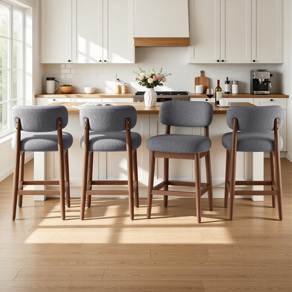 Daluvenix Counter Height Bar Stools Set of 4, Mid-Century Bar Chairs with Solid Wood Frame and Backrest, Modern Boucle Fabric BarStool for Kitchen Island, Wooden Dining Room Chair