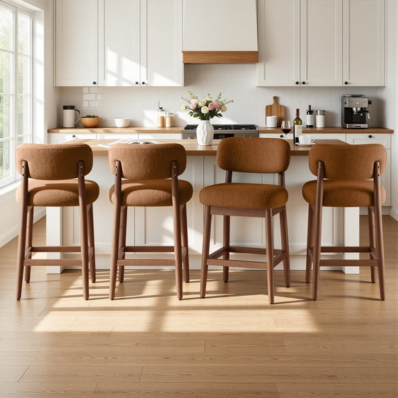 Daluvenix Counter Height Bar Stools Set of 4, Mid-Century Bar Chairs with Solid Wood Frame and Backrest, Modern Boucle Fabric BarStool for Kitchen Island, Wooden Dining Room Chair