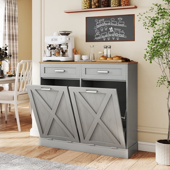 Daluvenix Double Tilt Out Trash Can Cabinet for 2 Bins,Hidden Trash Bin Storage Cabinet with Hideaway Drawers,Pet Proof Trash Can Holder for 2 x 10 Gallon , Kitchen, Dining Room, Living Room, Gray