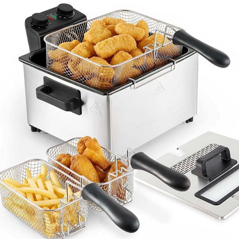 Daluvenix Electric Deep Fryer, 5L Capacity with 3 Frying Baskets, 1700W Power, Time & Temperature Control, Stainless Steel, Dishwasher Safe Lid & Baskets, Home Use Fryer with View Window & Odo