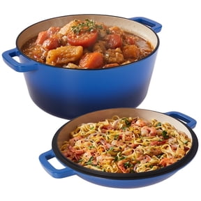 Daluvenix 2 in 1 Cast Iron Dutch Oven Pot with Skillet Lid, 6+2qt Pre-Seasoned Multipurpose Cookware for baking, braising, and stewing, Blue