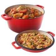 Daluvenix 2 in 1 Cast Iron Dutch Oven Pot with Skillet Lid, 6+2qt Pre-Seasoned Multipurpose Cookware for baking, braising, and stewing,  Red
